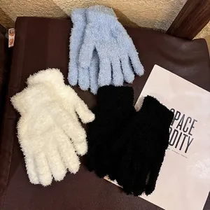 Thick plush coral fleece gloves in blue, white and black for winter warmth protection