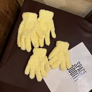 Thick coral fleece gloves for women and children in bright yellow plush knit material