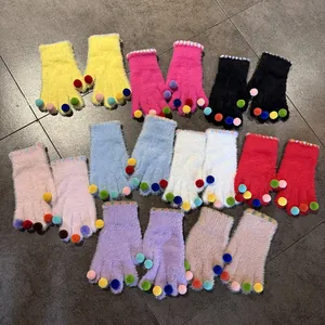 Damen Winter Warme Plüsch Handschuhe Mit Bunten Pompons Nerzimitat Gestrickte Handschuhe Gestreifte Manschetten Weiche Handwärmer