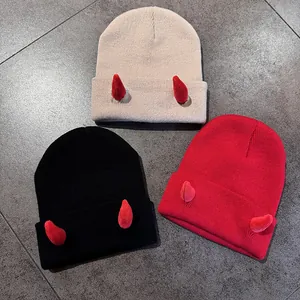 Halloween Hip Hop Orecchie da Diavolo Cappello a Maglia Uomo Donna Divertente Corno di Bue Invernale Caldo Berretto a Costine