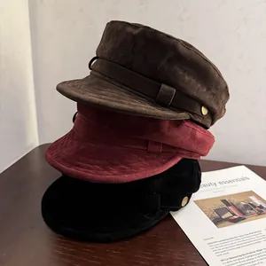 Women Retro Suede Newsboy Cap British Style Octagonal Flat Top Painter Hat Autumn Winter Warm Windproof Fashion Hat Metal Button