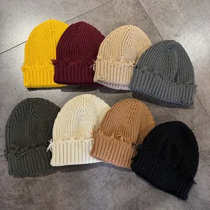 Distressed Knit Beanie Men Women Retro Streetwear Hip Hop Warm Winter Ribbed Skull Cap With Frayed Edge Solid Color Casual Autumn Hat