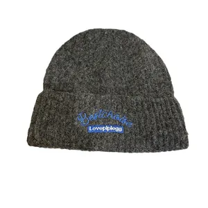 Deep grey knitted beanie with blue embroidery logo for winter warmth and cozy style
