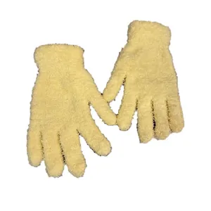 Warm coral fleece gloves for women in light yellow, thick plush material for winter