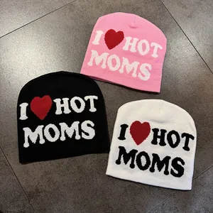 Jacquard knit beanies with I Love Hot Moms slogan in pink black and white colors
