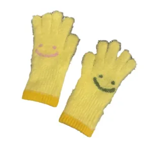 Gants d'hiver en peluche pour femmes avec motifs smiley et poignets côtelés élastiques