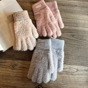 Damen Strickhandschuhe in Khaki, Rosa und Grau mit flauschigem Kunstpelz-Futter