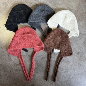 Korean Style Knitted Balaclava Earflap Hat With Ties Boucle Yarn Warm Winter Beanie For Women Fashion Solid Color
