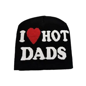 Retro knit beanie in black featuring white I LOVE HOT DADS lettering and a red heart