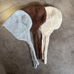 Winter knitted balaclava ear warmer hat with long ties in grey, brown and cream white