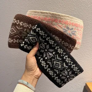 Bandeau en Tricot Style Français avec Jacquard Flocon de Neige pour Femmes Hommes Hiver Chaud Bandeau Élastique Large Chauffe-oreilles Accessoires Cheveux