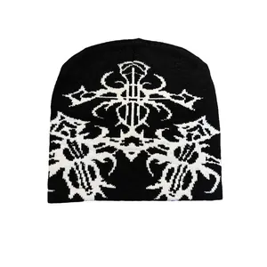 Unisex black knit beanie featuring a white gothic cross jacquard pattern in Y2K style