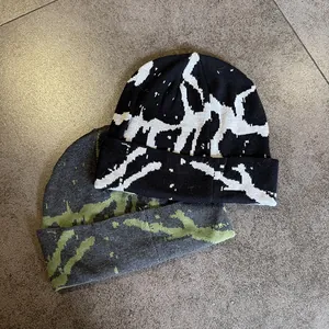 Stylish striped jacquard knit beanies for women in black and green street fashion style