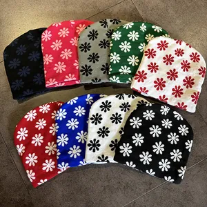 Unisex Acrylic Knit Beanie Hat Floral Jacquard Pattern Warm Winter Contrast Color Streetwear Hip Hop Pullover Cap