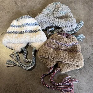 Women's Plush Knitted Earflap Hat Faux Fur Trapper Hat With Braided Tassels Warm Winter Beanie Face Slimming Fluffy Cap