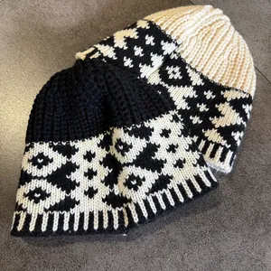 Vintage jacquard knit beanie with eye pattern, cozy unisex winter warm bucket hat style
