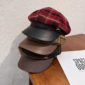 Women Vintage Plaid Newsboy Cap Woolen Grid Baker Boy Hat With Leather Brim Metal Buckle Newsboy Cap For Winter British Style
