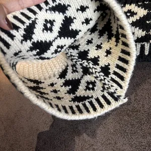 Vintage jacquard knit bucket hat with geometric patterns and thick ear protection