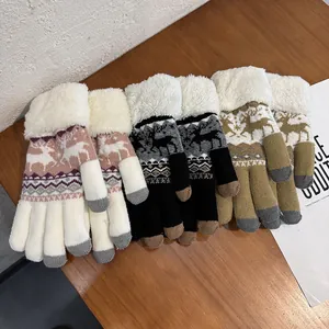 Gants thermiques en tricot nordique avec bordure en fourrure et écran tactile