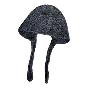 Winter dark grey knitted balaclava with long ear straps for windproof head warmth