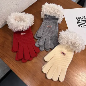 Winter knitted touchscreen gloves with plush fur cuffs in red, grey and beige tones