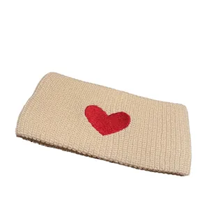 Beige wide knit headband with red heart embroidery for winter sports and daily wear