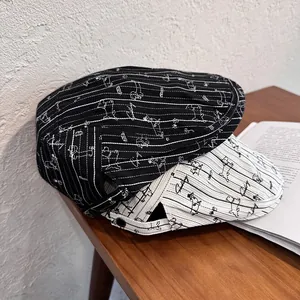 Striped cotton newsboy caps for women with cute dog embroidery in black and white