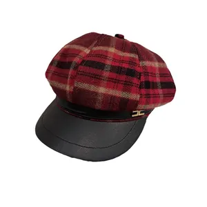Red plaid octagonal beret newsboy hat for women with black leather brim and gold buttons
