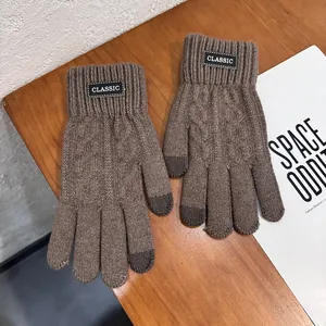Detail view of winter knitted touch screen gloves with leather label on wooden desk