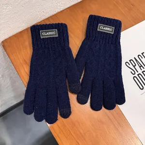 Detail view of navy blue knitted gloves with touch screen fingertips and classic label