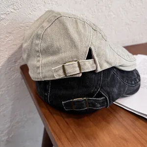 Vintage cotton flat cap beret for women in beige and black with metal buckle adjustment
