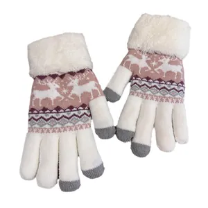 Gants tricotés pour femmes avec revers en peluche, motif renne et bouts tactiles gris