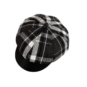 British style black and white plaid newsboy cap with black PU brim for autumn and winter