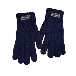 Men's dark blue winter knitted touch screen gloves with ribbed cuffs and classic label