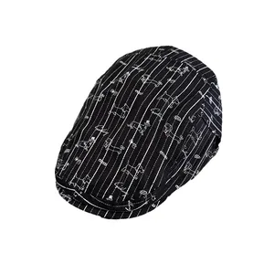 Classic black striped newsboy cap featuring white dachshund embroidery and vintage style
