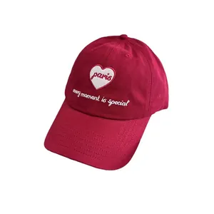 Women's deep rose cotton baseball cap with white heart embroidery and Paris text