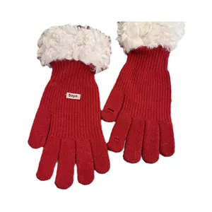 Winter red knit gloves with white faux fur trim and touch screen five-finger design