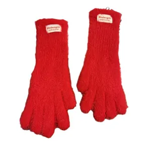 Guantes de invierno gruesos de felpa roja para mujer con función de pantalla táctil