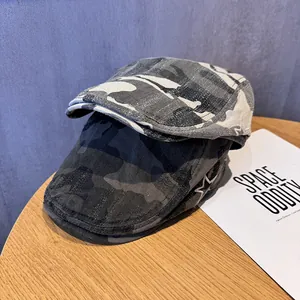 Women American Vintage Camouflage Newsboy Cap With Star Embroidery Distressed Cotton Blend Flat Top Beret For Daily Travel