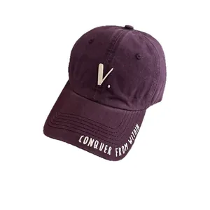 Deep purple cotton baseball cap with V. embroidery and side lettering for outdoor style