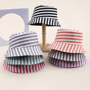 Women Men Reversible Striped Bucket Hat Cotton Blend Foldable Wide Brim Sun Hat Summer Outdoor Beach Breathable Casual Basin Hat Fashion Accessory