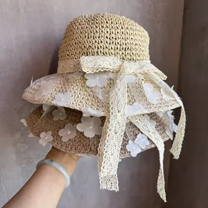 Chapeau de Paille Femme Été Dentelle Fleur Tissé Large Bord Chapeau de Soleil Respirant Paille de Papier Plage Vacances Soleil