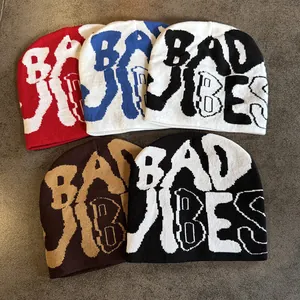 Unisex BAD VIBES Letter Jacquard Knitted Beanie Hat Warm Acrylic Streetwear Hip Hop Outdoor Pullover Skull Cap