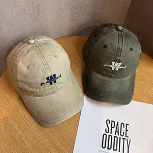 Washed cotton baseball cap with letter embroidery in khaki and charcoal gray colors