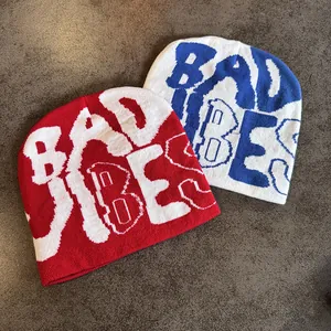 Street style knit beanies with BAD VIBES lettering in red-white and blue-white colors