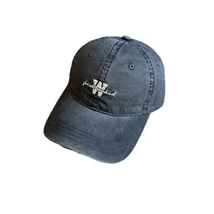 Classic washed cotton baseball cap in charcoal gray with 3D white letter embroidery