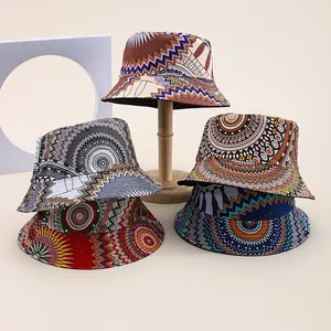 Vintage Bohemian Ethnic Print Bucket Hat Sun Protection Foldable Geometric Mandala Cotton Blend Fishermans Hat For Women