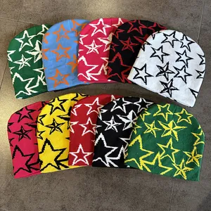 Unisex Hip Hop Pentagram Jacquard Gebreide Muts Acryl Warme Sterrenpatroon Slouchy Skull Cap Outdoor Wintermuts