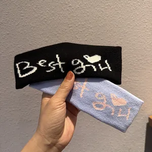 Elastic knitted headband for women with Best Girl embroidery in black and light purple