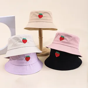 Women's Fresh Strawberry Embroidery Bucket Hat Summer Cotton Blend Sunshade Wide Brim Foldable Fisherman Hat Outdoor Casual Sun Hat